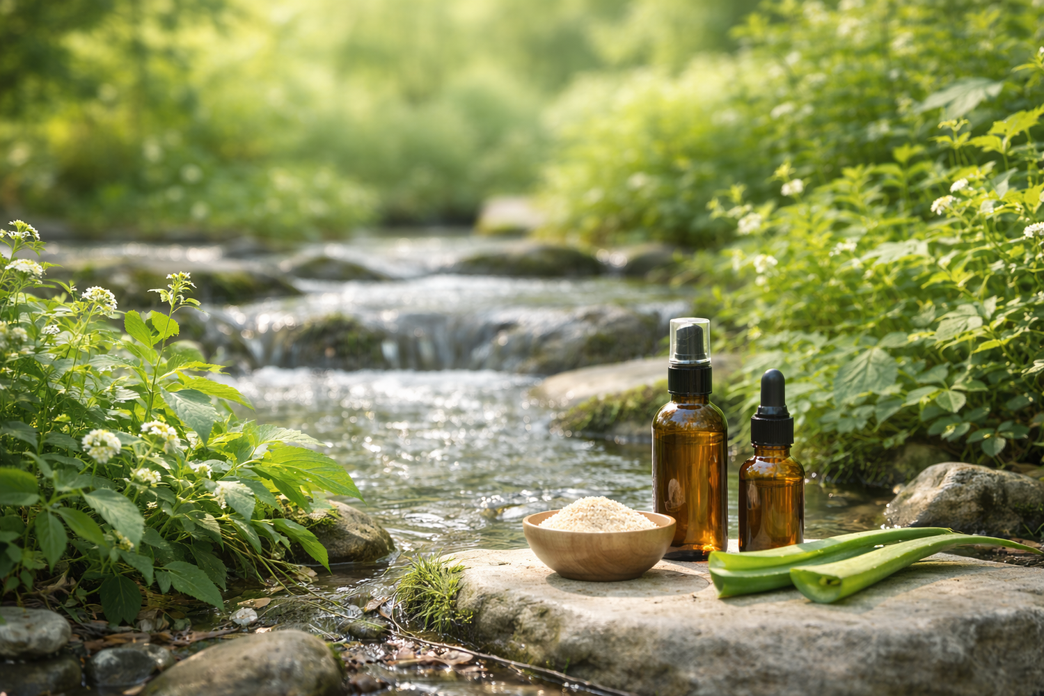 Productos biológicos naturales con bacterias y enzimas para el tratamiento ecológico del agua y la materia orgánica, representados junto a un arroyo en un entorno natural.
