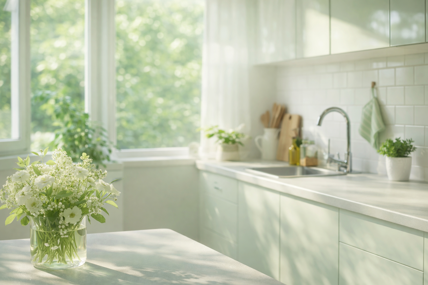 Cocina luminosa y limpia que representa soluciones naturales para la eliminación de olores en el hogar.