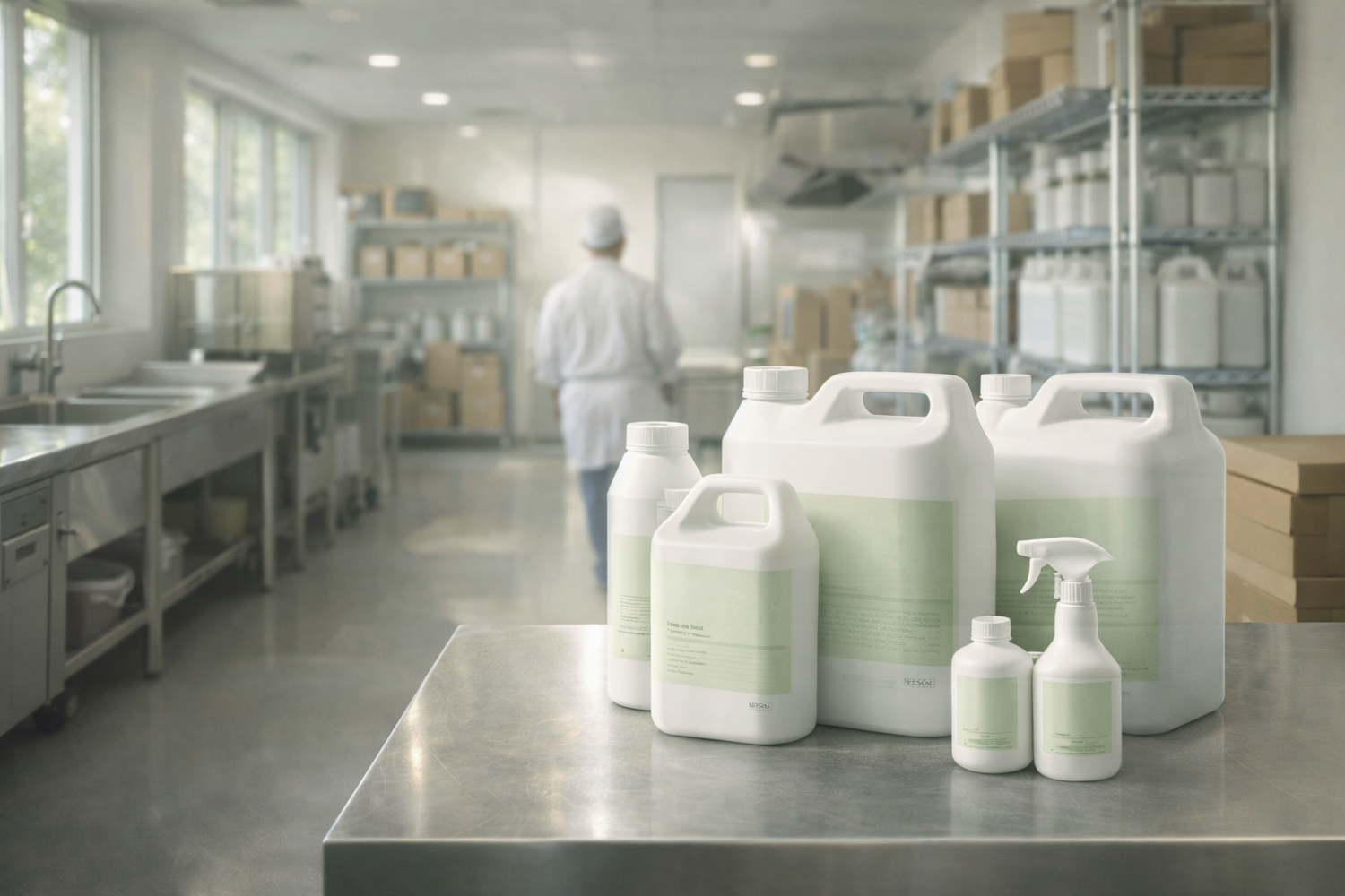 Envases profesionales de productos Neusol colocados sobre una superficie de acero inoxidable en un entorno industrial limpio y ordenado, con estanterías y zona de trabajo profesional al fondo.